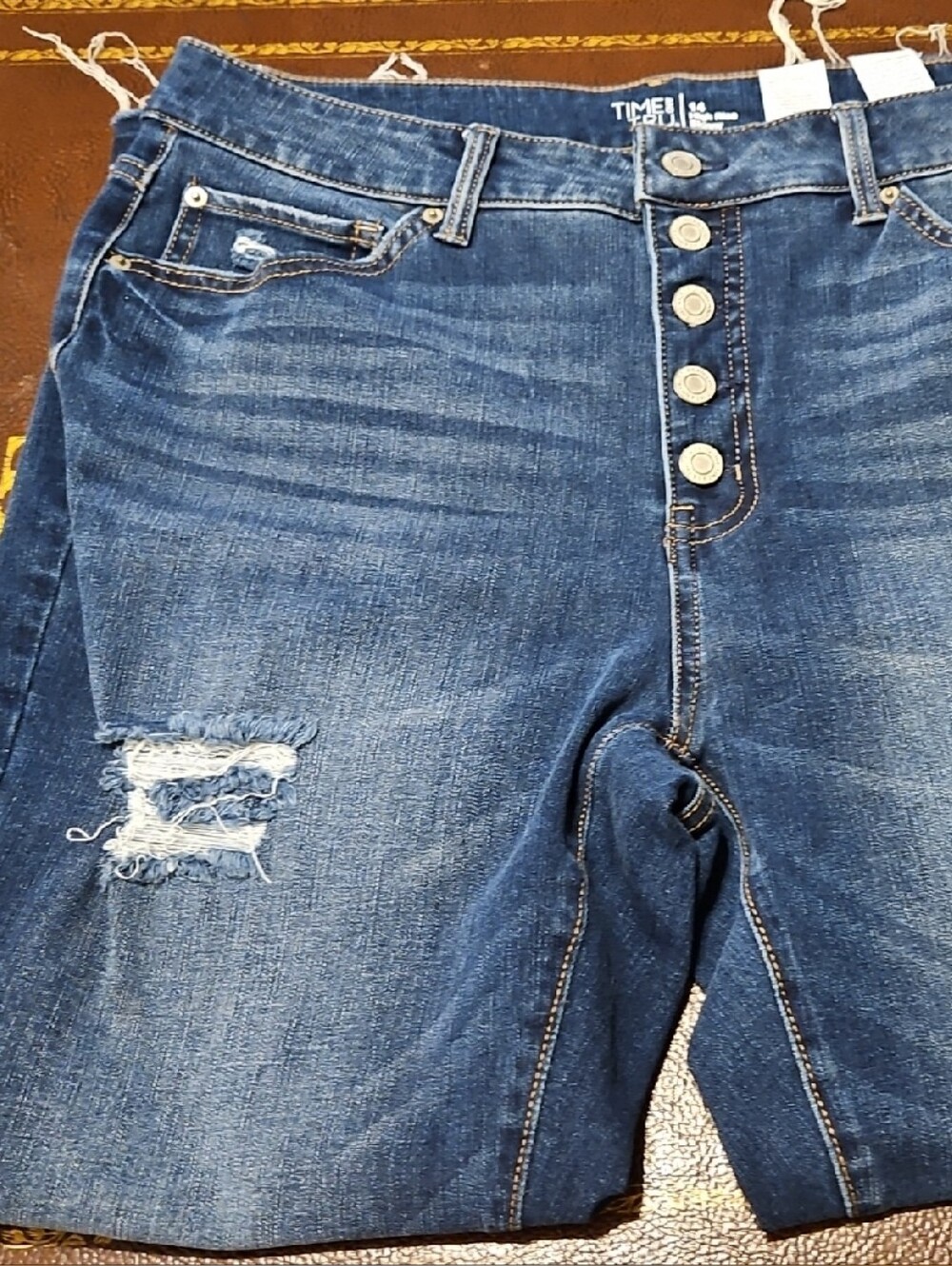 Time and Tru Women's Dark Blue Distressed Button-Fly Jeans